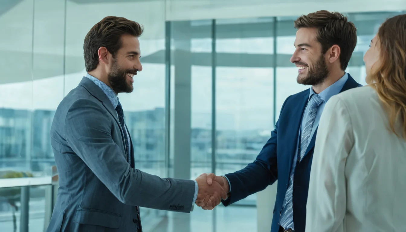 Two men in suits shaking hands in a modern glass office building.