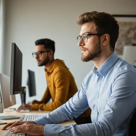 Two men wearing glasses typing on keyboards at computer desks in an office