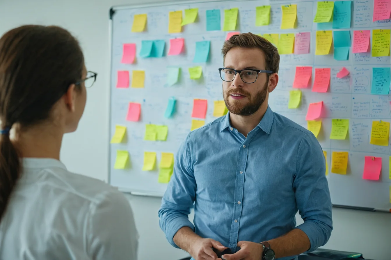 Two people in an office discussing ideas on a whiteboard with colorful sticky notes.