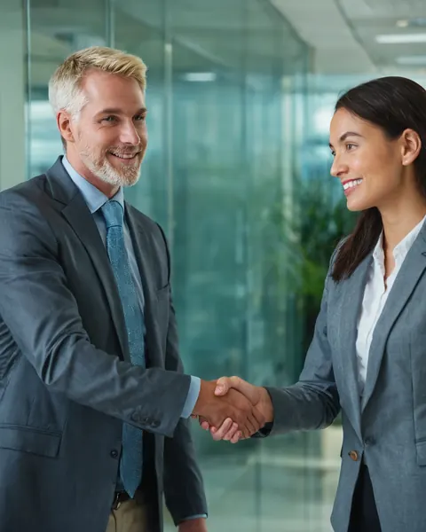 Two professionals shaking hands in a modern office setting