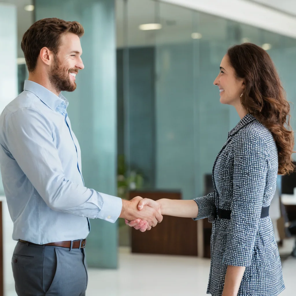 Two professionals shaking hands in a modern office with glass walls.