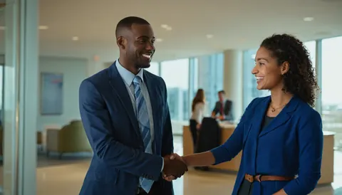 Two smiling businesspeople shaking hands in a modern office lobby.