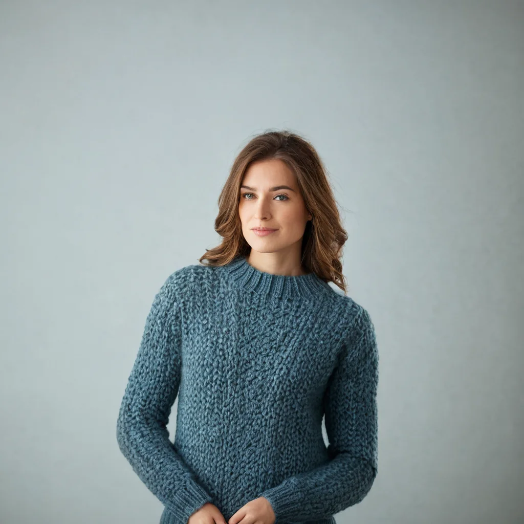 Woman in teal knit sweater standing against gray background