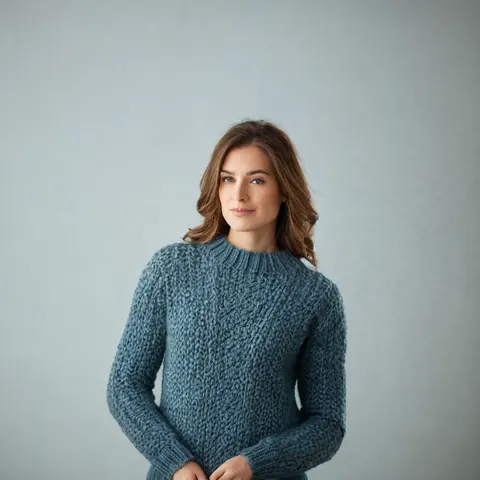 Woman in teal knit sweater standing against gray background