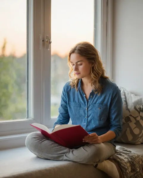 Woman reading a red book on a windowsill during golden sunset