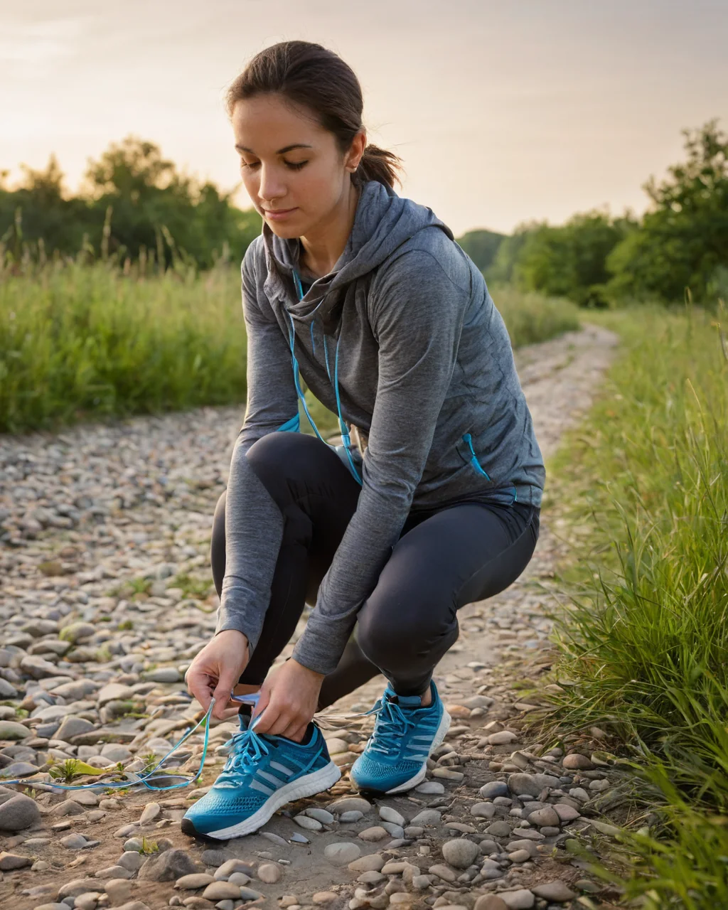Woman tying blue running shoes on gravel path at sunrise