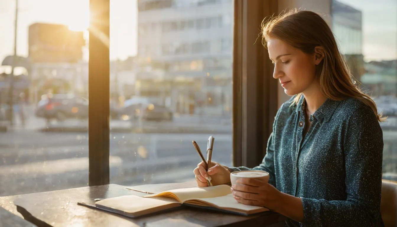 Woman writing in notebook with coffee cup by sunlit window in cafe