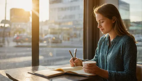 Woman writing in notebook with coffee cup by sunlit window in cafe