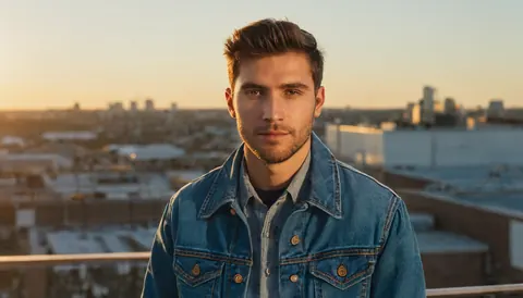 Young man in denim jacket on rooftop at sunset overlooking city