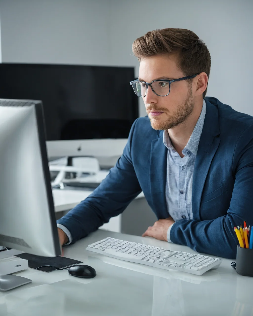 Young man in glasses and suit working on computer at modern white desk