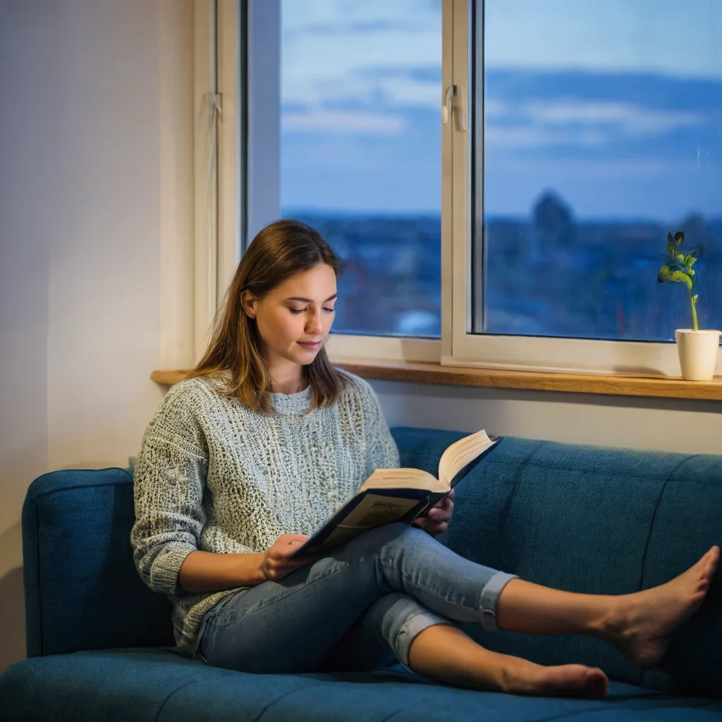 Young woman reading a book on a blue couch near a window with a city view at dusk.